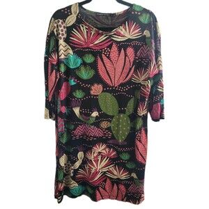 Gudrun Sjoden Tunic Dress S Black Floral Bird Print 100% Modal Scandinavian Boho